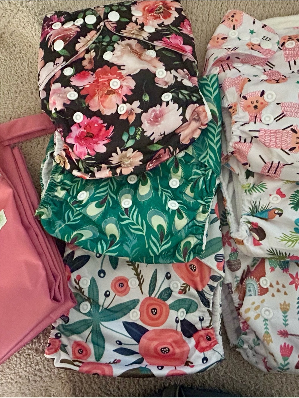Reusable Floral Print Cloth Diapers with inserts - Pink, Green, Black 6 pack